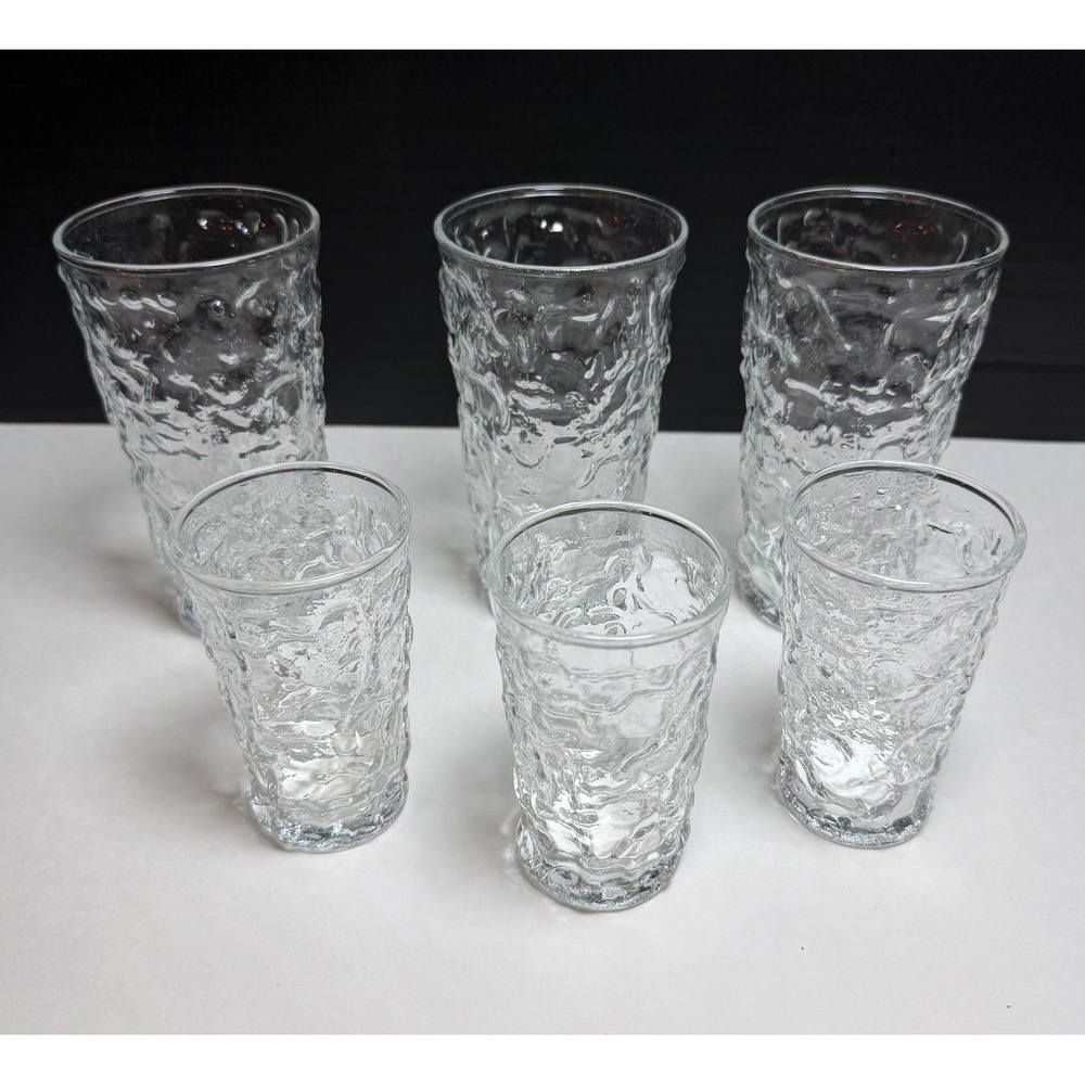 VTG Anchhor Hocking Milano Clear Bark Textured Glass Tumbler Juice Set 6pc MCM - Picture 2 of 9